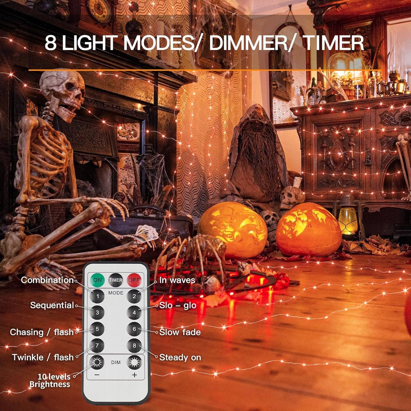 suddus Orange Halloween Fairy Lights Battery Operated, 66ft 200 LED Copper Wire Twinkle Lights Waterproof, String Lights with Remote for Bedroom, Party, Yard, Door, Garland, Tree Decorations