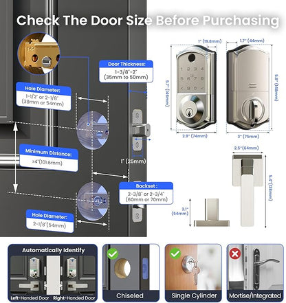 Veise VE017-B Fingerprint Smart Lock for Front Door, App Control, 8-in-1 Keyless Entry Deadbolt with 2 Zinc Alloy Lever Handles Set, Emergency Power Port, Auto Lock, Electronic Keypad, Satin Nickel