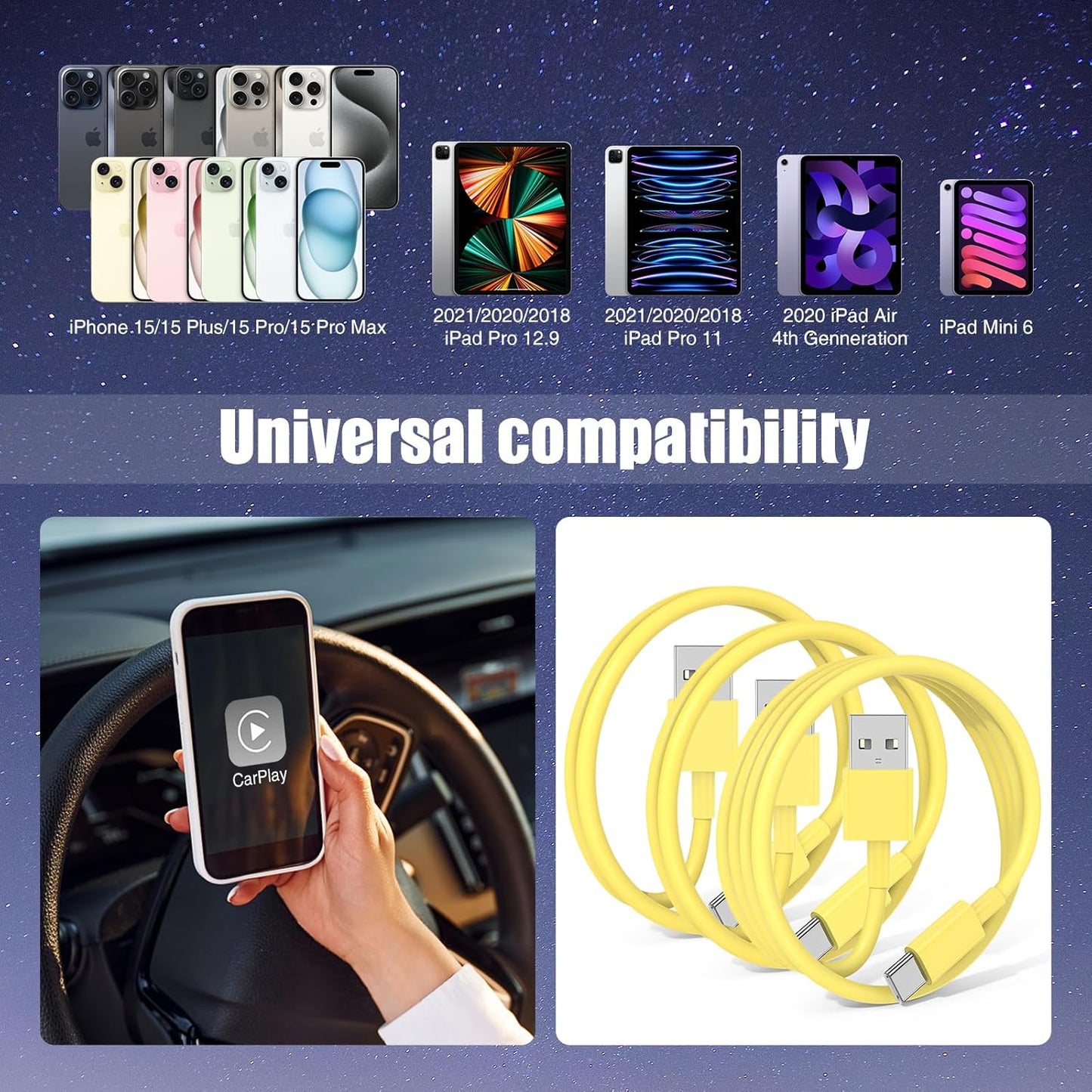3-Pack Yellow [3.3FT+3.3FT+6FT] USB A to USB C Cable，USB to USB C Car Carplay Cable for iPhone 16 15 Pro Plus Pro Max，for iPad Pro/Air/Mini，for Samsung S24/S23/S22/S21，for MacBook Pro/Air and More