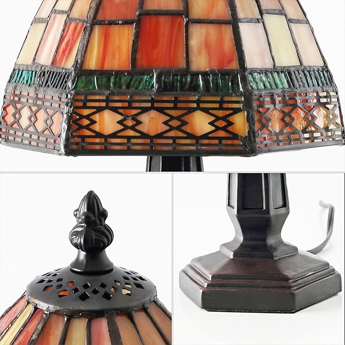 JONATHAN Y 12" Red/Yellow Tiffany-Style Table Lamp for Bedroom Nightstand Decor, Ivory Cream Stained Glass Shade, Small Vintage Handcrafted LED Traditional Bedside Lamp (JYL8016B)