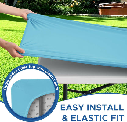 Fitted Tablecloth for 8 Foot Rectangle Table-4 Pack Light Blue Elastic Outdoor Picnic Table Cover-Spandex Stretch Folding Tablecloths 8ft for Camping Dining Room Patio Kitchen Banquet Party