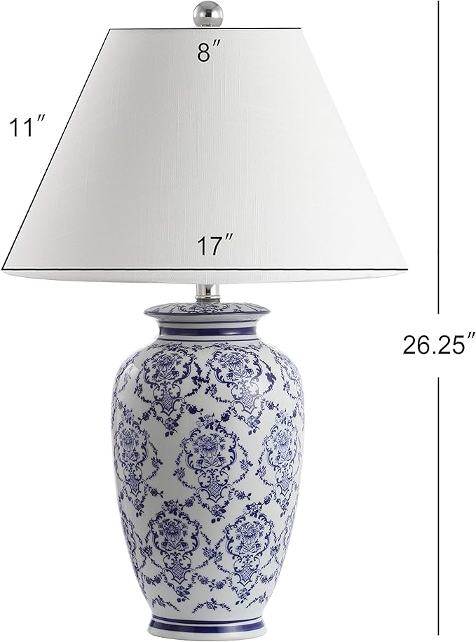 JONATHAN Y 26.25" Blue/White Chinoiserie Ceramic Table Lamp, Traditional Asian-Inspired Urn Lamp for Living Room Bedroom, White Linen Shade, LED Bulb Included JYL8023A
