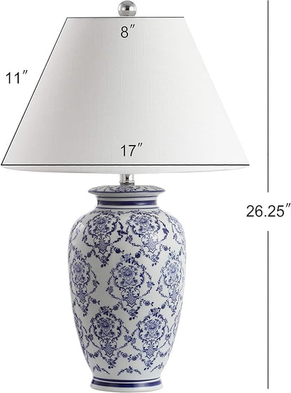 JONATHAN Y 26.25" Blue/White Chinoiserie Ceramic Table Lamp, Traditional Asian-Inspired Urn Lamp for Living Room Bedroom, White Linen Shade, LED Bulb Included JYL8023A