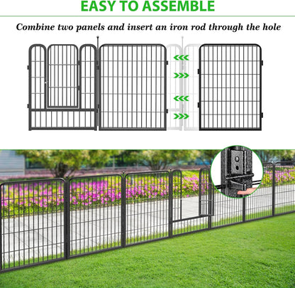 Decorative Black Metal Fencing Garden Fence with Gate, 64ft(L) 32in(H) 28 Fence Panels No Dig Fence Rustproof Animal Barrier Fence Temporary Dog Panels Fencing Outdoor