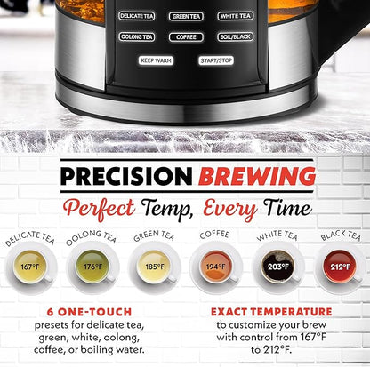 Gourmia Electric Glass Kettle – 1.7L Programmable Tea & Coffee Brewer with Digital Touch Display, 6 Presets, Removable Stainless Steel Infuser, Cordless with 360° Swivel Base, White