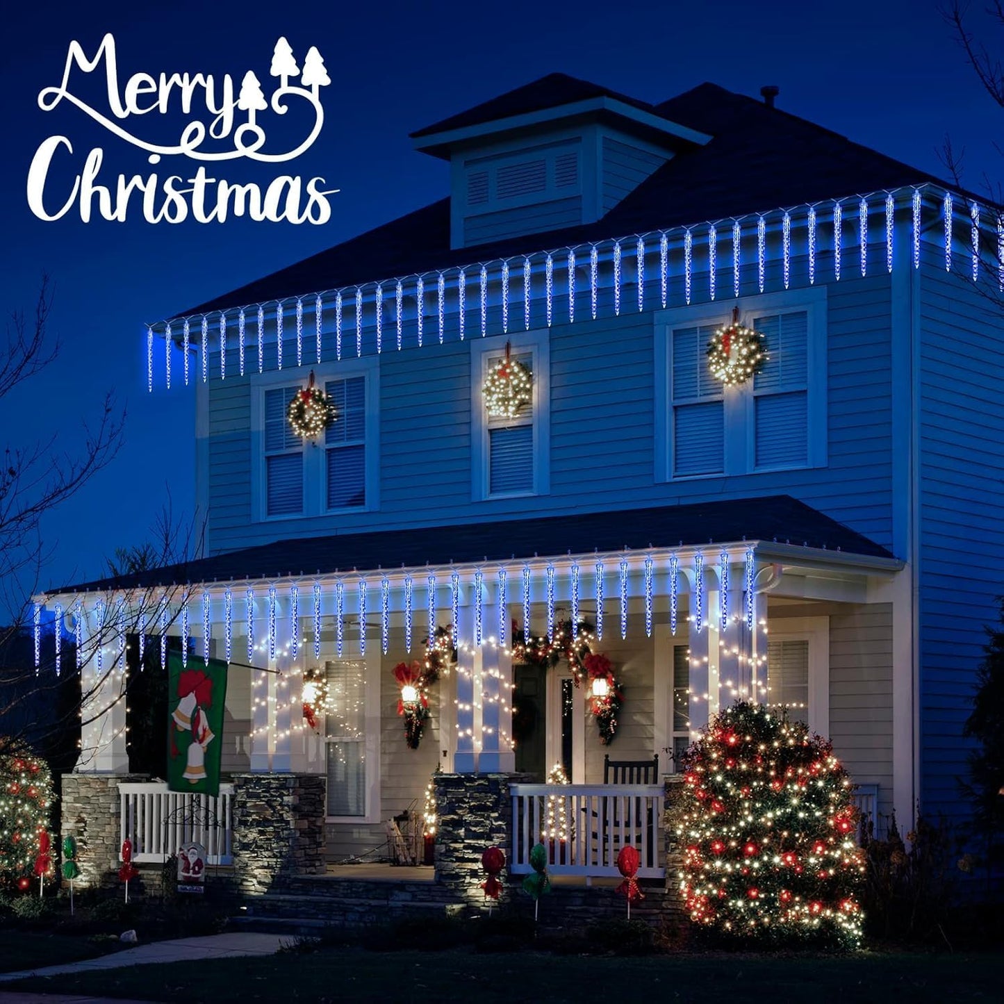 Brightown Christmas Meteor Shower Icicle Lights Outdoor, 2 Pack Total 40ft with 40 Large Tube 960 LED Dropping Effect, Waterproof Decorations for House Eave Roofline, Blue