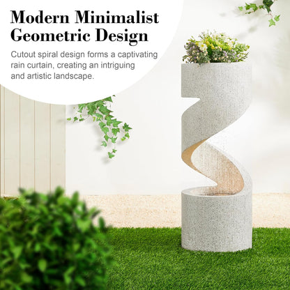 Glitzhome Decorative Tiered Outdoor Water Fountain with LED Light, Curved Waterfall Fountain with Stone Planter, Faux Terrazzo Spiral Shaped Fountains for Garden Deck Patio Porch, 31.25”H