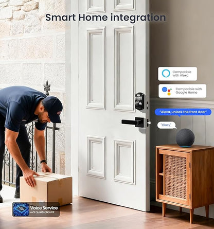 Veise VE012W-L Built-in Wi-Fi Fingerprint Smart Lock with Lever Handle Set, App Remote Control, Keyless Entry for Front Door, Deadbolt Digital Backlit Keypad, Voice Assistant, Auto Lock, Matte Black