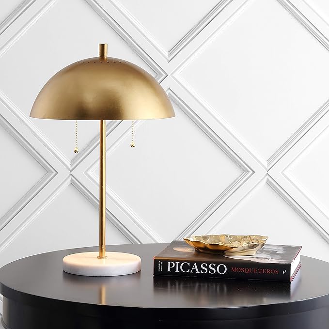 JONATHAN Y 20.75" Gold/White Marble 2-Light LED Table Lamp for Modern Bedside Decor, Glam Desk Lamp, Gold Metal Dome Shade, Pull Chain Switch, Bulbs Included JYL1071A