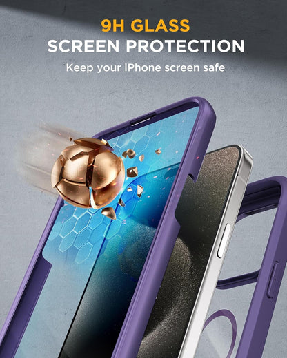 Miracase Magnetic for iPhone 15 Pro Case [Compatible with MagSafe] Full-Body Bumper Phone case with Built-in Glass Screen Protector& Camera Protector, Military Drop Proof 15 Pro Cover, Magnetic Purple