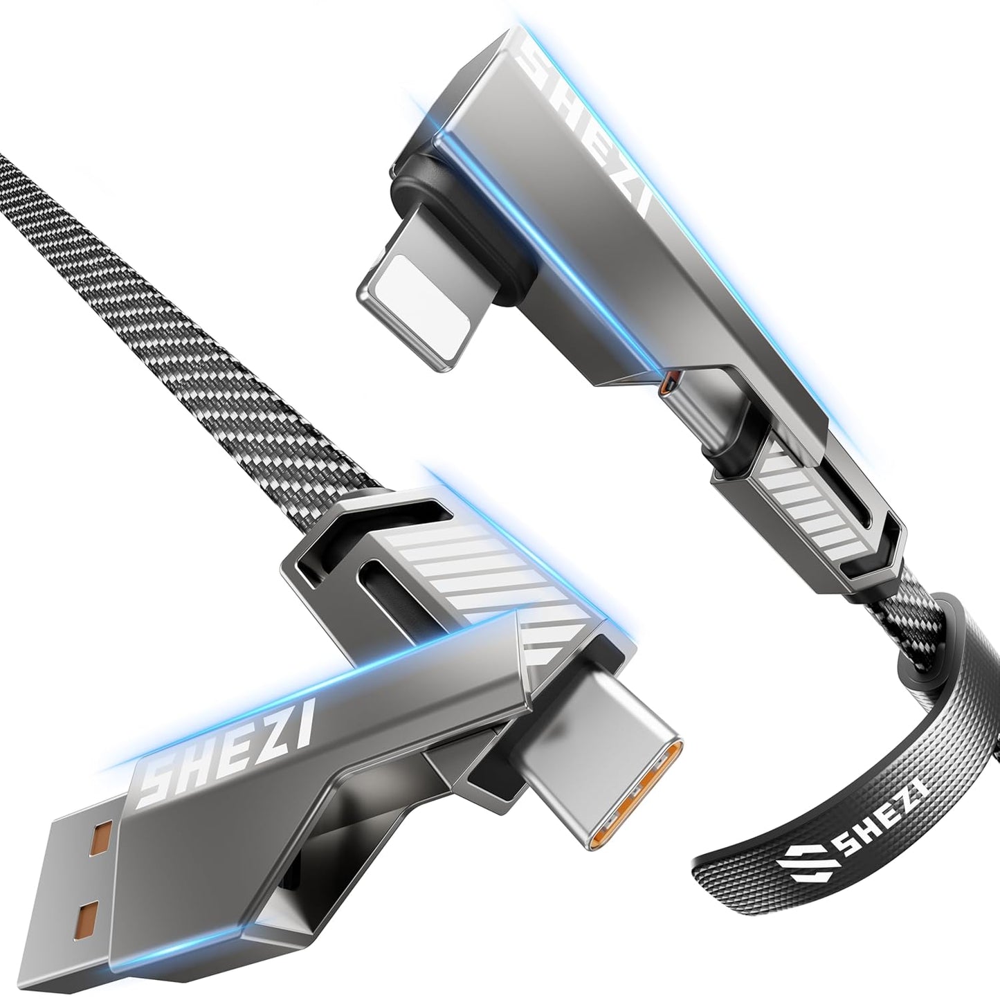 SHEZI 4-in-1 USB C Cable 5FT 90 Degree Fast Charging [480Mbps Data Sync] Flat Nylon Braided Charger Cord Combo, USB A/C to C/L Multi Charging Cable for iPhone 16/15/Samsung & Most Devices, Grey