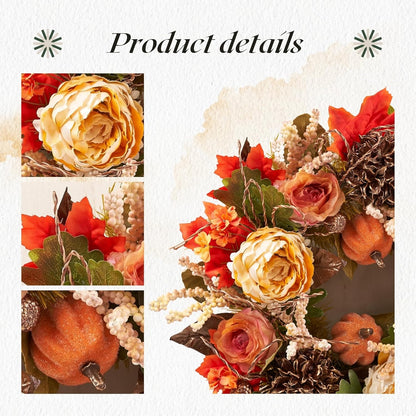 22" Fall Harvest Mixed Wreath - Premium Handcraft Fall Wreaths for Front Door | Perfect for Autumn & Thanksgiving Decor