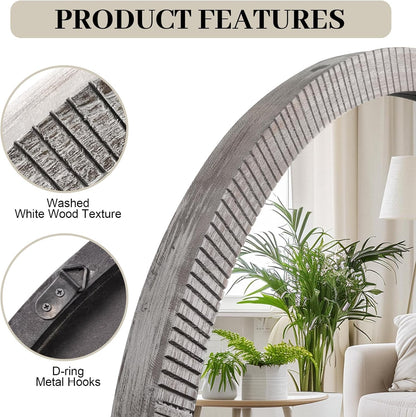35" Round Wood Mirror, Large Wooden Round Mirror, Wood Round Mirrors for Wall Decor, Rustic Circle Wall Mirrors for Entryway, Living Room, White Washed Frame