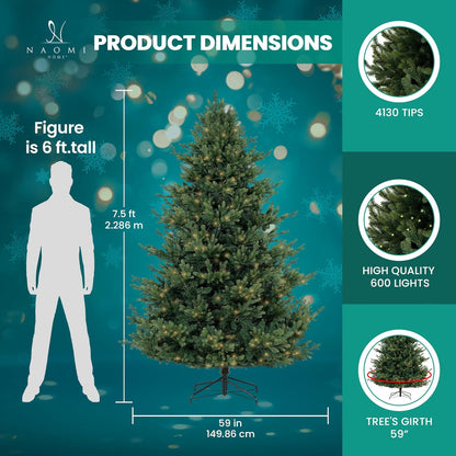 Kinsley 7.5ft Prelit Aritificial Christmas Tree with 4130 Branch Tips, 600 Warm Lights and Metal Stand, 59" Wide Realistic Traditional Christmas Tree with Lights by Naomi Home