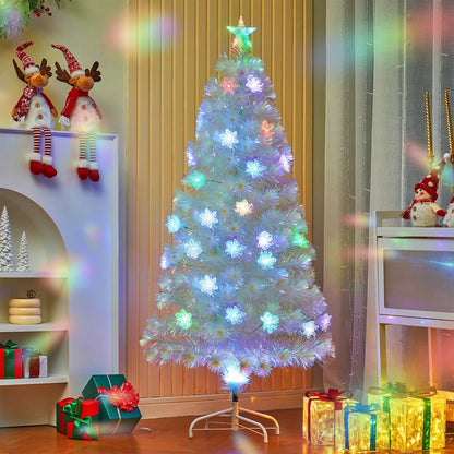 Juegoal 5ft Pre-Lit Artificial Christmas Tree, Lighted Optical Fiber Xmas Trees with Color Changing LED Lights, Snowflakes & Top Star, Party Home Holiday Fake Multicolored Tree with Metal Legs, White