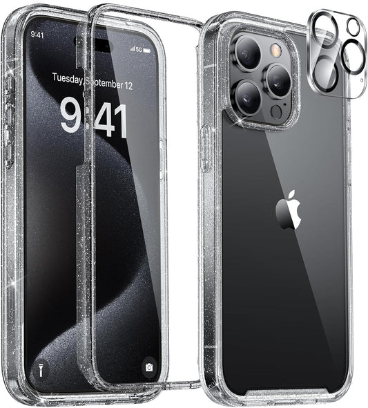 Miracase Glass Series for iPhone 15 Pro Max Case 6.7 Inch, Full-Body Drop Proof Phone Case for iPhone 15 Pro Max with Built-in 9H Tempered Glass Screen Protector + Camera Protector, Clear Glitter
