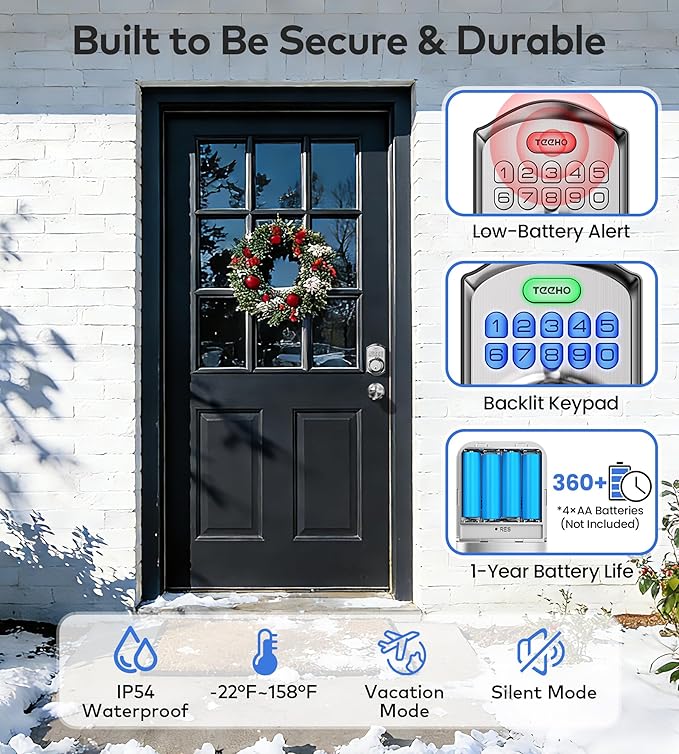 TEEHO TE001K Keyless Entry Door Lock with Handle, Electronic Keypad Deadbolt with 2 Knobs, High-Security Front Door Handle Set for Home & Rental, Smart Auto-Locking, Easy Install, Satin Nickel