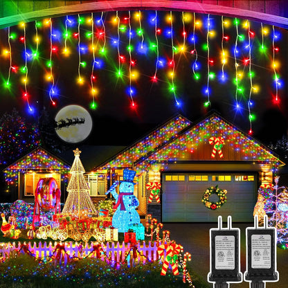 Christmas Lights Outdoor, 2 Pack Total 98FT 960 LED Ice Lights for Outside with 180 Drops 8 Modes Timer Memory, Plug in Waterproof for Holiday Eaves Yard Roof Party Christmas Decor (Multicolor)