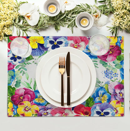 Watercolor Flowers Placemats Set of 4 Spring Summer Floral Butterfly Linen Fabric Table Mats Pansy Flower Eucalyptus Leaves Washable Place Mats for Farmhouse Dining Table Kitchen Decoration