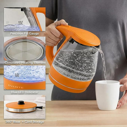 OVENTE Electric Kettle, 1.5L Borosilicate Glass Countertop Water Heater and Boiler for Coffee or Tea, BPA-Free, Auto Shut-Off, Boil-Dry Protection, Removable and Washable Spout Filter, Orange KG83O