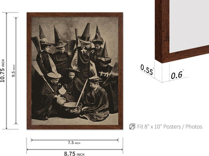 Poster Master Vintage Photograph Poster - Retro Halloween Print - Gift for Artist, Friend - Witches Cooking, Pointy Hats, Broomsticks, Black Magic - Wall Decor for Bedroom, 8x10 Brown Framed