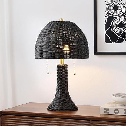 JONATHAN Y 22" Black/Brass Gold Bohemian Rustic LED Table Lamp for Bedroom, Natural Rattan Shade, Farmhouse Coastal Nightstand Lamp for Living Room, LED Bulbs Included (JYL4040D)