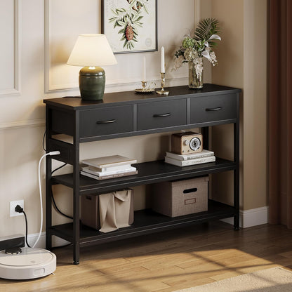 Lulive Entryway Table with Power Outlets, Console Table with 3 Fabric Drawers, Sofa Table for Living Room, Hallway, Couch, Foyer, Height Adjustable (Black, 43")