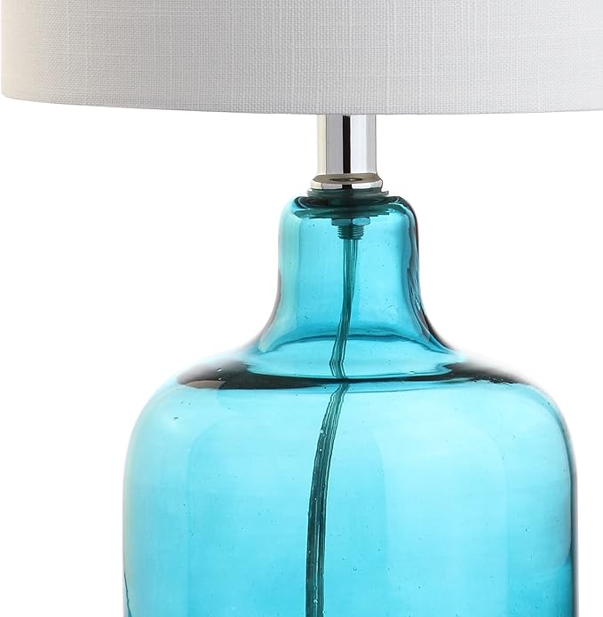 JONATHAN Y 19" Moroccan Blue Glass Bell Table Lamp for Living Room Bedroom, White Linen Drum Shade, Modern Coastal Bedside Nightstand Lamp with LED Bulb, UL Listed JYL1027A
