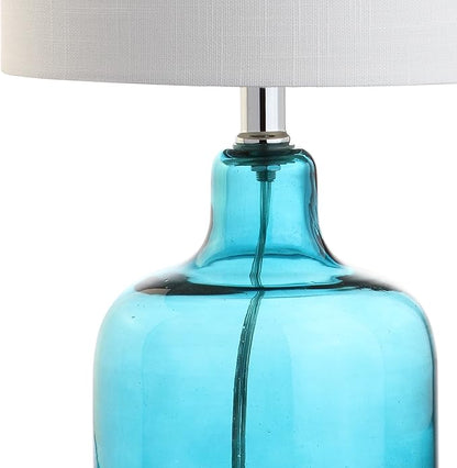 JONATHAN Y 19" Moroccan Blue Glass Bell Table Lamp for Living Room Bedroom, White Linen Drum Shade, Modern Coastal Bedside Nightstand Lamp with LED Bulb, UL Listed JYL1027A