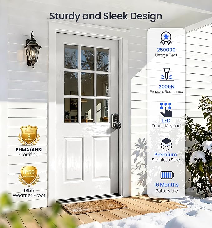Veise VE018 Smart Knob Handle Lock - Fingerprint, App Control, Keyless Entry for Front Door and Bedroom, Electronic Digital Keypad, Auto Lock, Remote Access Sharing, IP55 Weatherproof, Matte Black