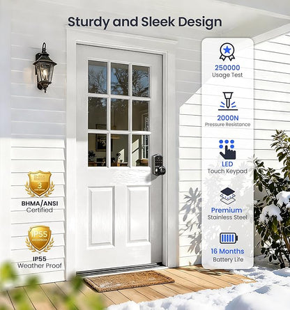 Veise VE018 Smart Knob Handle Lock - Fingerprint, App Control, Keyless Entry for Front Door and Bedroom, Electronic Digital Keypad, Auto Lock, Remote Access Sharing, IP55 Weatherproof, Matte Black