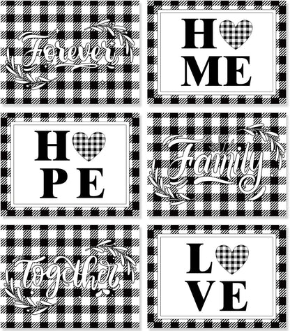 Love Family Placemats Set of 6 Buffalo Plaid Plastic Table Mats Black and White Plaid Place Mats Washable Vinyl Love Home Checkered Table Decoration for Indoor Outdoor Party Kitchen Dining