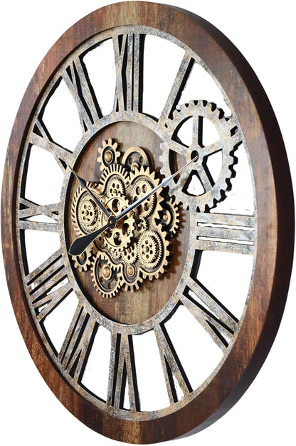 The Gears Clock 36'' Inch Real Moving Gear Wall Clock Vintage Industrial Oversized Rustic Farmhouse (Vintage Brown)