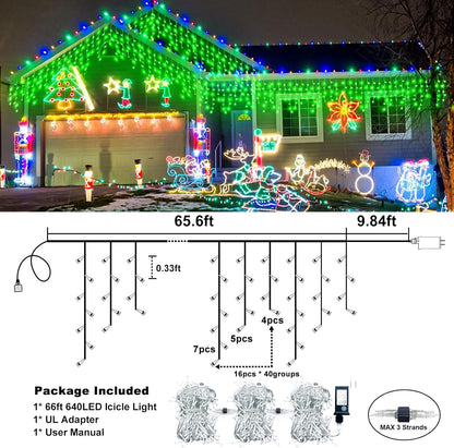 Icicle Lights for Outside, 66FT 640 LED Christmas Lights Outdoor with 8 Modes Waterproof, Connectable Plug in Twinkle String Light for Indoor Yard Garden Party Holiday Decorations, Green