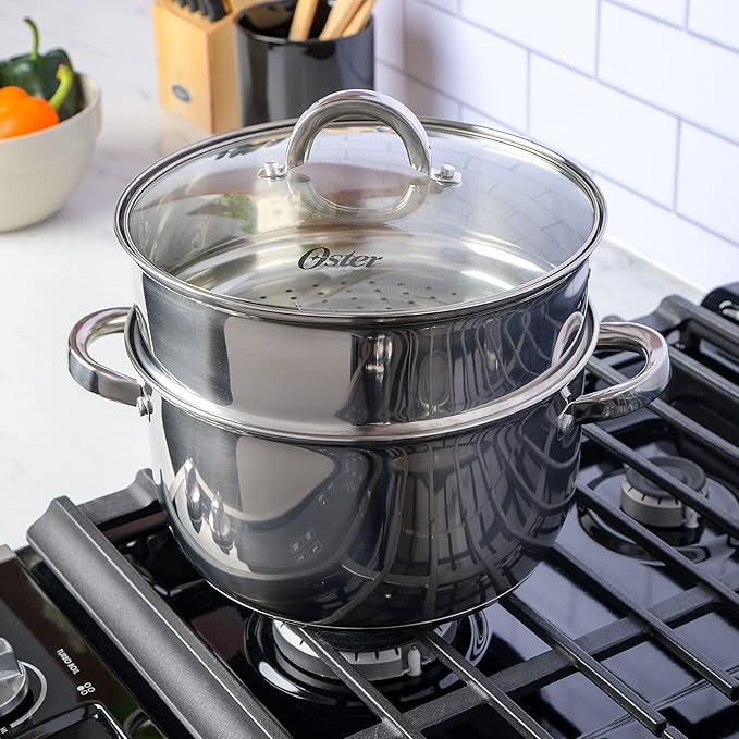 Oster Sangerfield 6-Quart Stainless Steel Dutch Oven Casserole with Steamer Basket – Durable Kitchen Cookware for Slow Cooking and Steaming