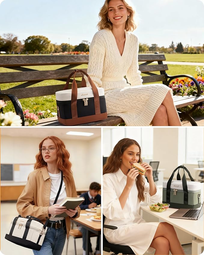 LOVEVOOK Insulated Lunch Bag for Women - Cute Lunch Box Cooler for Work, Picnic, and Beach, Beige-black