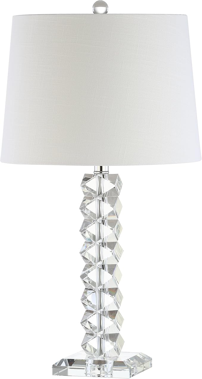 JONATHAN Y 25.5" Clear Faceted Crystal Table Lamp, Modern Glam Chrome Bedside Lamp with White Linen Drum Shade for Living Room Bedroom, UL Listed, LED Bulb Included JYL2013A
