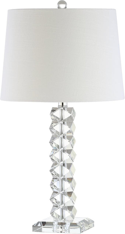 JONATHAN Y 25.5" Clear Faceted Crystal Table Lamp, Modern Glam Chrome Bedside Lamp with White Linen Drum Shade for Living Room Bedroom, UL Listed, LED Bulb Included JYL2013A
