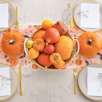 AnyDesign Halloween Table Runner Pink Spooky Ghost Pumpkin Table Cover Kitchen Dining Table Decoration Pink Halloween Table Dresser Scarves for Indoor Outdoor Home Party, 13 x 72 Inch