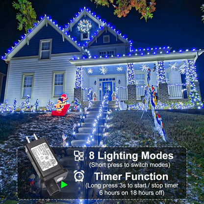 Christmas Lights Outdoor, 100FT 300 LED Christmas Tree Lights with 8 Modes Waterproof, Connectable Green Wire Twinkle Tree Lights for Indoor Patio Garden Party Decorations, Blue White