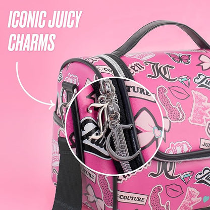 Juicy Couture Insulated Lunch Bag – Stylish Cooler Tote with Adjustable Crossbody Strap, Hot Pink Printed Stickers – Women's Lunch Box Bag for Work, School, Travel