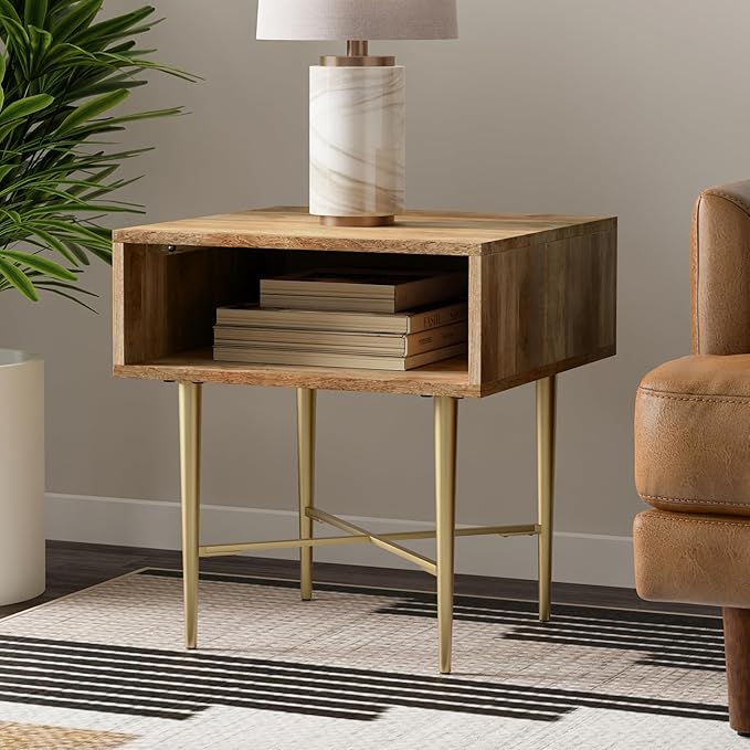 SIMPLIHOME Fallon End Table - 20 inch Wide Solid Mango Wood Square Accent Table with Open Storage Compartment and Gold Metal Base in Natural, Contemporary Nightstand for Living Room or Bedroom