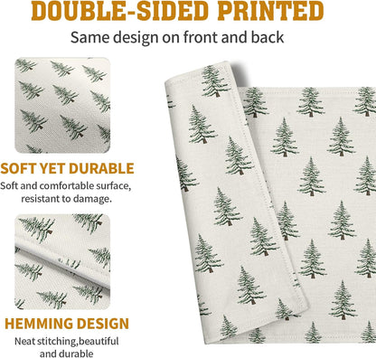 Pine Trees Christmas Placemats Set of 4 Xmas Tree Vintage Rustic Print Place Mats Winter Holiday Green White Farmhouse Linen Table Mats for Indoor Outdoor Kitchen Dining Party Decor