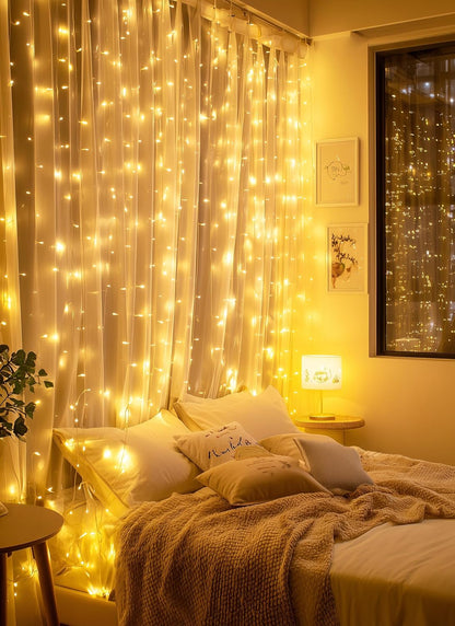 Brightown 2 Pack 300 LED Fairy Curtain Lights, 9.8ft x 9.8ft Warm White Curtain String Lights, USB Plug in 8 Lighting Modes LED Christmas String Hanging Lights with Remote for Bedroom Indoor Outdoor