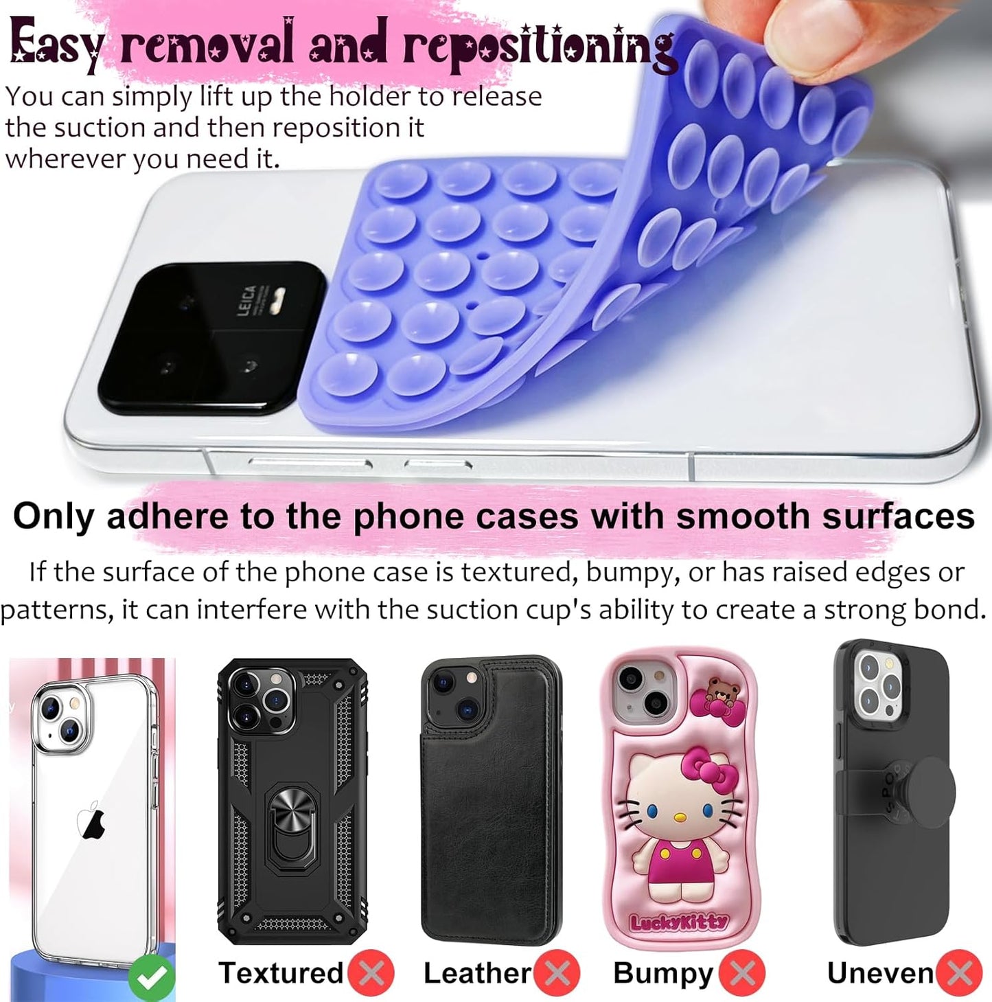 2 Pack Silicone Suction Cup Phone Case Mount Double Sided, Hands-Free Strong Grip Silicon Phone Holder, Non Slip Phone Accessories for Selfies and Videos (White)