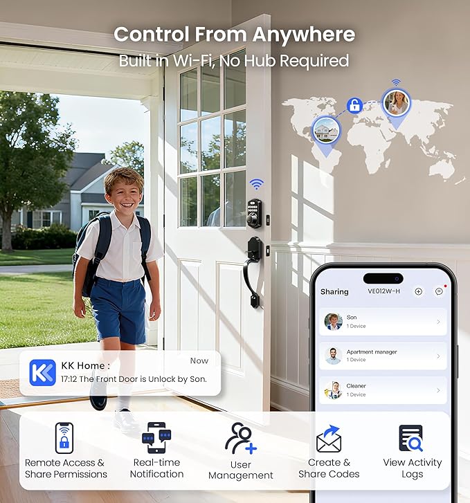 Veise VE012W-H WiFi Smart Front Door Lock Set, Built-in WiFi, App Remote & Voice Control, Fingerprint Keyless Entry Smart deadbolt with Handle, Backlit Keypad, Auto Lock, IP55 Waterproof, Matte Black