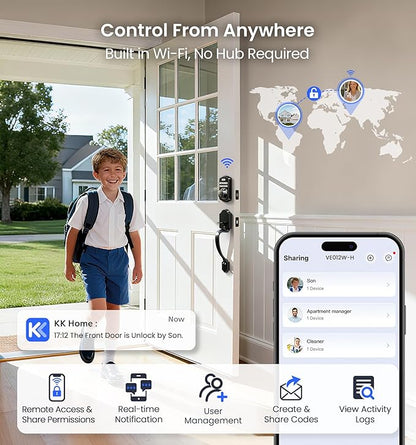 Veise VE012W-H WiFi Smart Front Door Lock Set, Built-in WiFi, App Remote & Voice Control, Fingerprint Keyless Entry Smart deadbolt with Handle, Backlit Keypad, Auto Lock, IP55 Waterproof, Matte Black