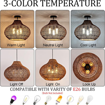 3-Light Dark Brown Rattan Pendant Light,18.9" Rustic Hanging Light,Round Curry Wicker Pendant Light Hand-Woven Rattan Chandelier for Workplace Dining Living Bedroom Kitchen Farmhouse