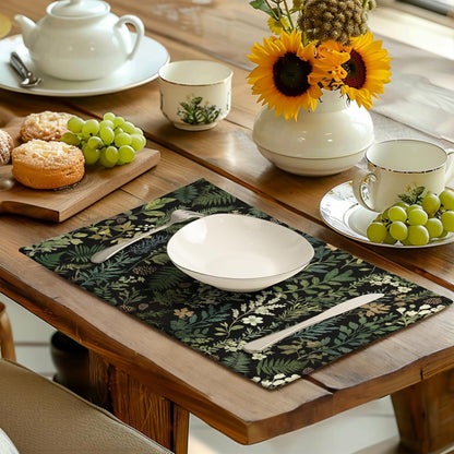 Black Sage Green Plant Placemats Set of 4 Vintage Botanic Fern Leaves Herb Floral Place Mats Rustic Farmhouse Linen Fabric Table Mats for Party Kitchen Dining Outdoor Indoor Decor
