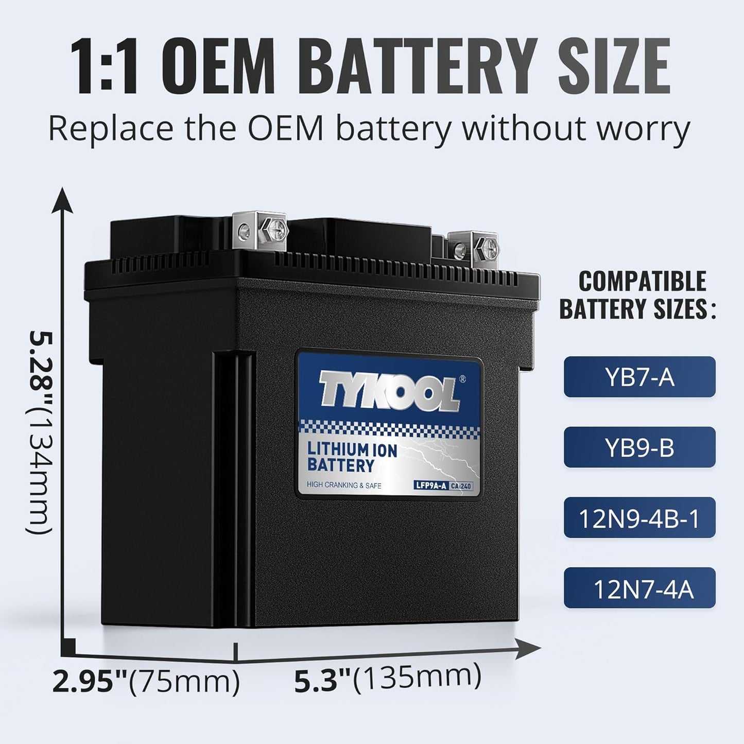 TYKOOL LFP9A-A,YB9-B,240CCA,3X Cranking Amps,LiFePO4 Lithium Motorcycle Battery,12V 4AH,Digital Readout,Fits for 125cc Benelli and Gilera,Triumph 750cc,Aprilia Sport City,Piaggio Typhoon Scooter
